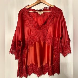 Anthropologie Boho coral red satin blouse with lace details by Moulinette Soeurs